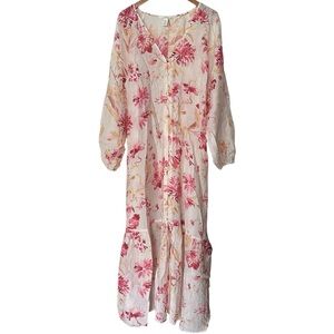 H&M Tie-Belt Crepe Floral Maxi Dress Size XL Balloon Sleeves Feminine Vacation